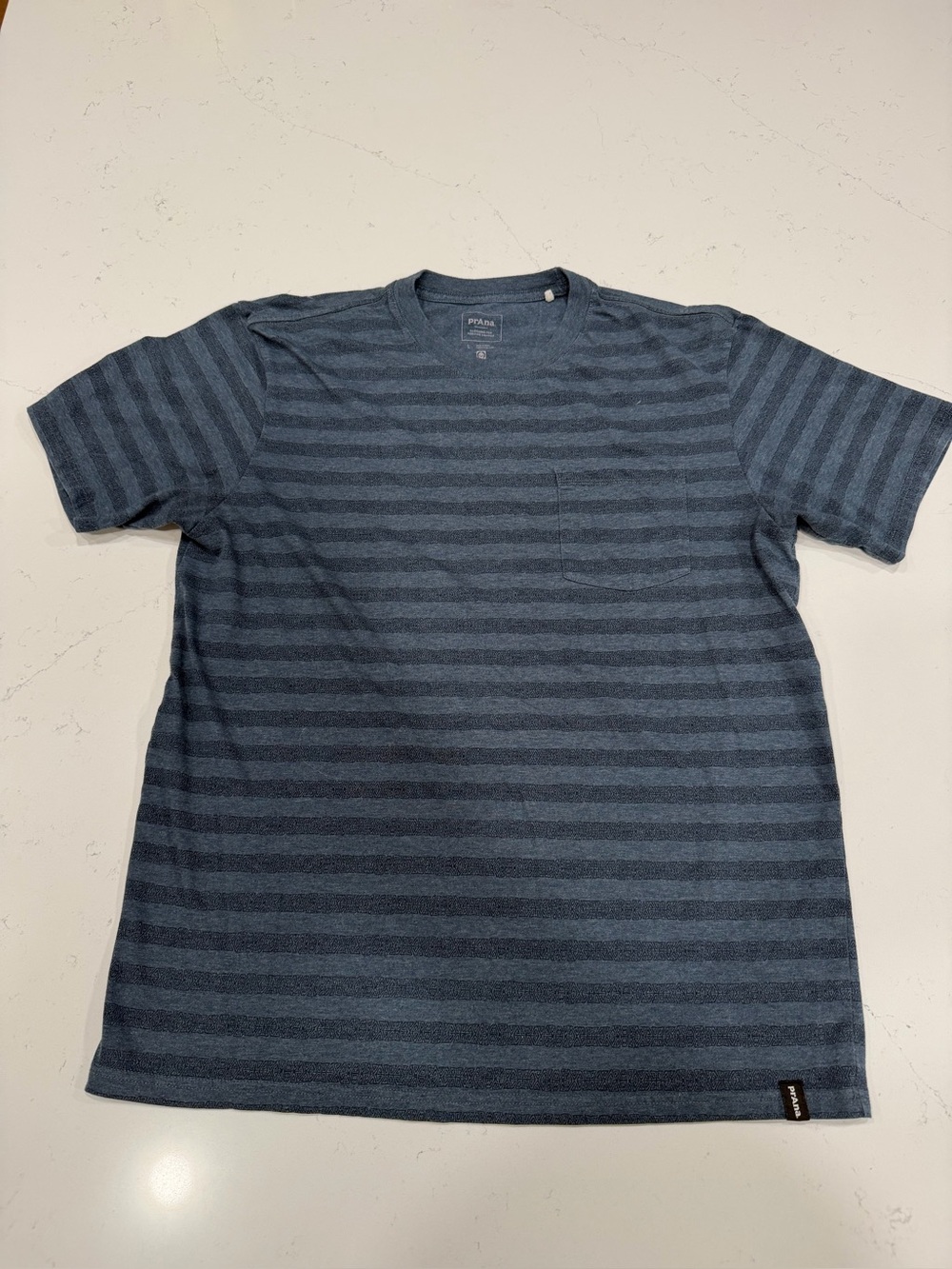 Prana Men's Navy and Dark Blue Striped Pocket Tee - Large